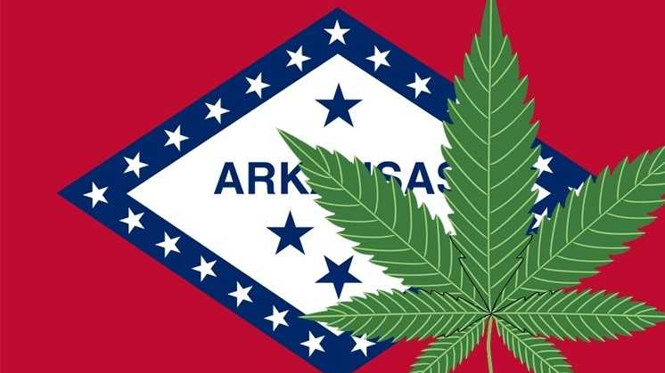 Marijuana leaf superimposed over the Arkansas State Flag