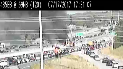 Some lanes reopen on eastbound I-435 near US 69 after fiery crash Monday