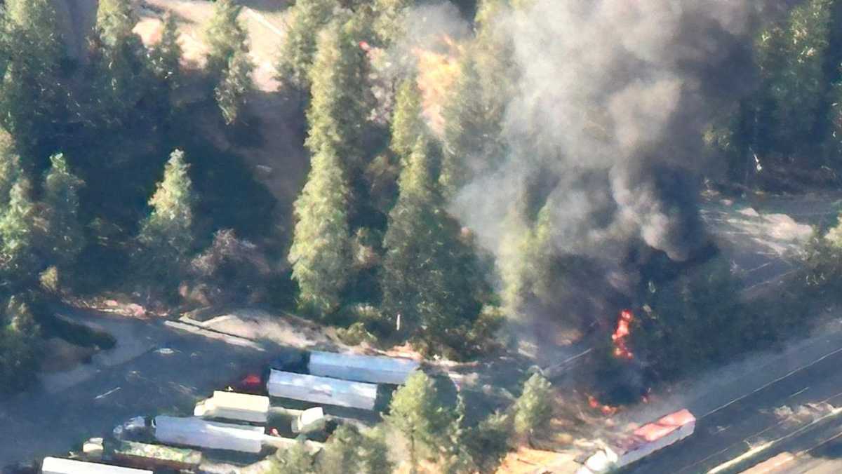 Big rig fire spreads to vegetation near highway in Placer County