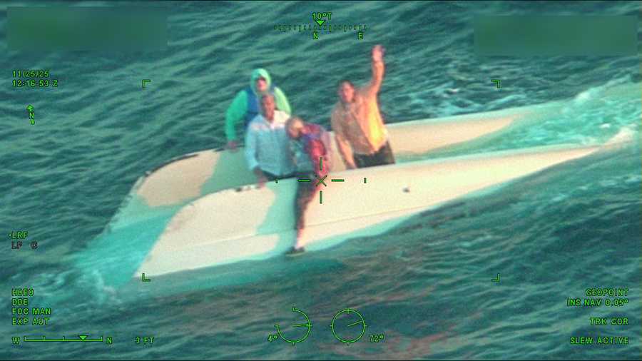 missing boaters found in florida, Four fishermen from Mulberry, Florida, were rescued by the U.S. Coast Guard after their boat overturned 26 miles offshore. Dennis Woods, 70; Clarence Woods, 90; Cris Harding Sr., 42; and Cris Harding Jr., 18