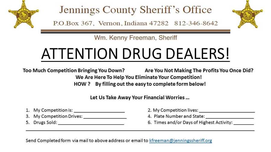 A tongue-in-cheek post asks drug dealers to snitch on competitors.