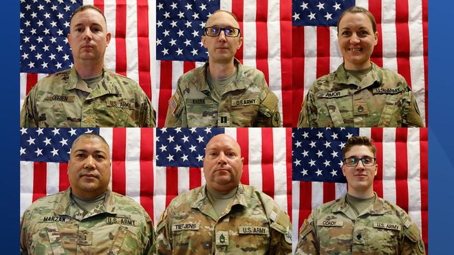 From top left: Maj. Jeffrey O’Brien, Capt. Cody Khork, Sgt. 1st Class Nicole Amor, Chief Warrant Officer 3 Robert M. Marzan, Sgt. 1st Class Noah Tietjens and Sgt. Declan Coady.