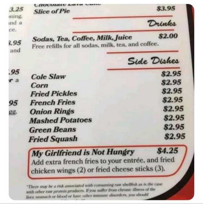 Diner going viral for ‘my girlfriend isn’t hungry’ menu option