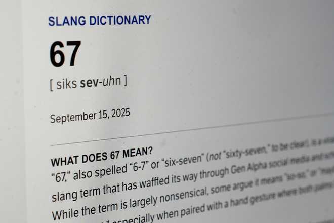 This Dictionary.com page shows the newest word of the year "6-7" on a computer screen, Thursday, Oct. 30, 2025, in Chicago.