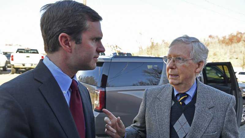 In this Monday, Nov. 25, 2019 file photo, Senate Majority Leader Mitch McConnell, R-Ky., right, speaks with Kentucky Governor-Elect Andy Beshear before the dedication of a Recovery Community Center in Manchester, Ky. Mitch McConnell has given his blessing to legislation to change how a vacant U.S. Senate seat would be filled in his home state of Kentucky, but it most certainly doesn't signal an opening is contemplated, an ally of the Senate Republican leader said Friday, March 12, 2021