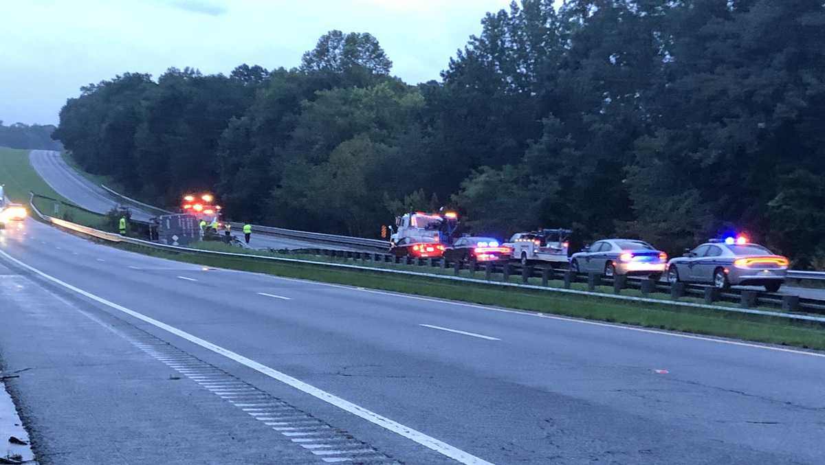 I-85 north shut down after tractor-trailer overturns