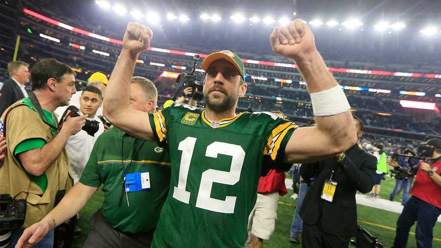 Green Bay Packers' Aaron Rodgers after an NFL divisional playoff football game against the Dallas Cowboys Sunday, Jan. 15, 2017, in Arlington, Texas. The Packers won 34-31.