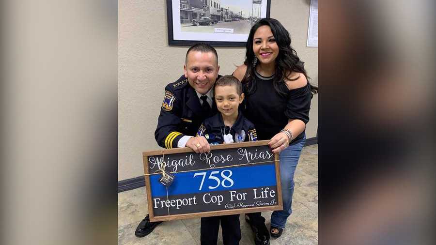 Abigail Arias, 6, was sworn in as an honorary police officer in Freeport, Texas, on Thursday, February 7.