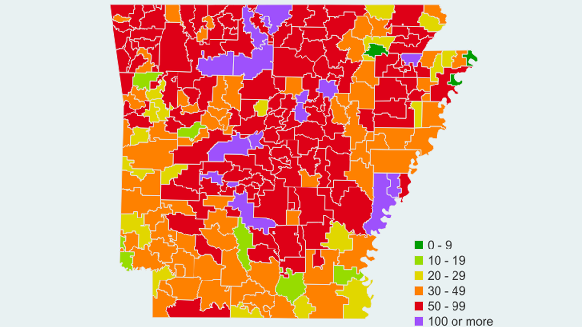 Fayetteville, Fort Smith, Springdale, Rogers, Bentonville in red zone