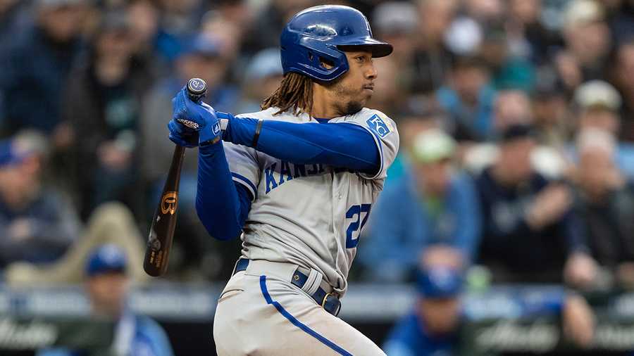 Kansas City Royals' Adalberto Mondesi takes a swing during an at-bat in a baseball game, Saturday against the Seattle Mariners, April 23, 2022, in Seattle. The Mariners won 13-7.