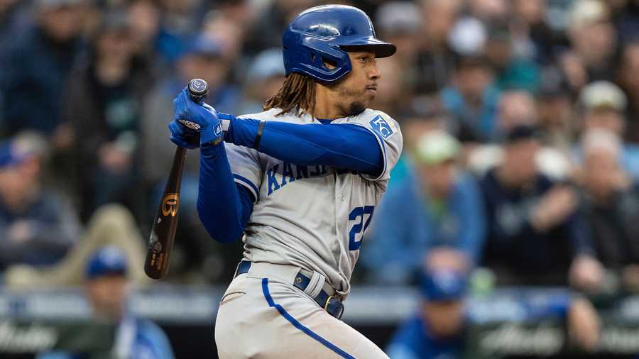In this file photo, Kansas City Royals' Adalberto Mondesi bats against the Seattle Mariners on Saturday, April 23, 2022, in Seattle. The Boston Red Sox acquired the injury-prone shortstop and an additional player from the Royals in exchange for left-handed relief pitcher Josh Taylor on Tuesday, Jan. 24, 2023