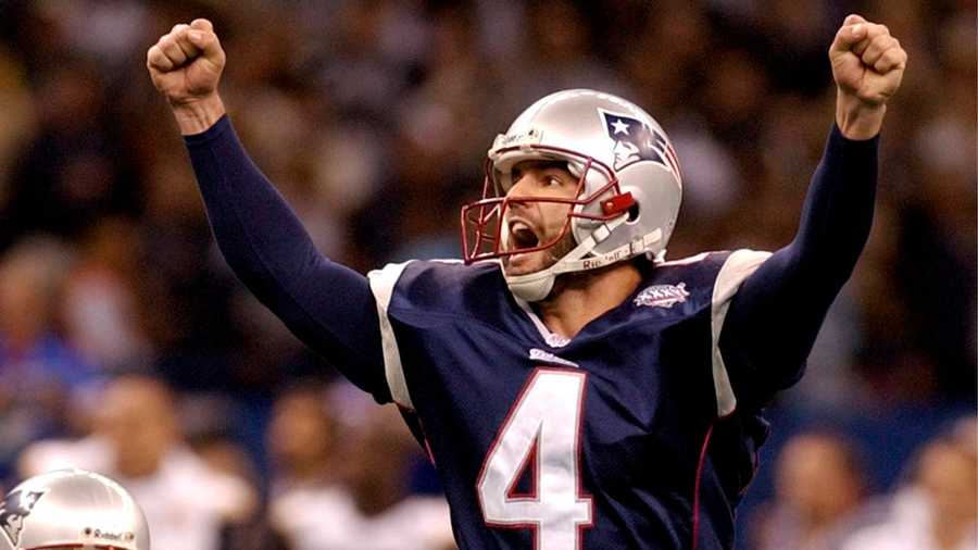 In this Feb. 3, 2002, file photo, New England Patriots kicker Adam Vinatieri celebrates after kicking the 48-yard game-winning field goal in the final seconds of NFL football's Super Bowl XXXVI against the St. Louis Rams in New Orleans. (AP Photo)