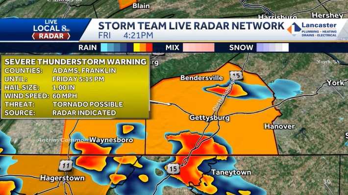 Severe thunderstorm warning in Adams, Franklin counties