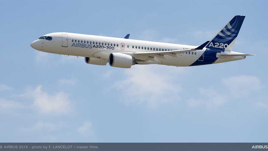 Production of the A220 Family aircraft, seen here in the larger A220-300 variant, for Airbus’ U.S.-based customers will take place at the company’s new assembly line in Mobile, Alabama