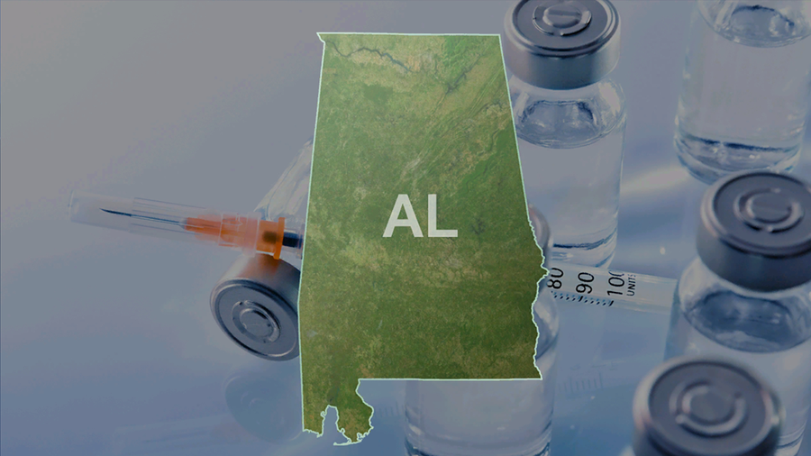 Map of Alabama over vaccine vials and needle