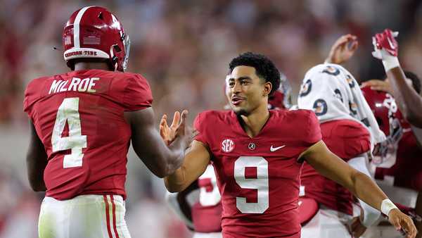 Bryce Young #9 of the Alabama Crimson Tide celebrates with teammate Jalen Milroe #4 after a touchdown during the second half of the game at Bryant-Denny Stadium on September 24, 2022, in Tuscaloosa, Alabama. (Photo by Kevin C. Cox/Getty Images)