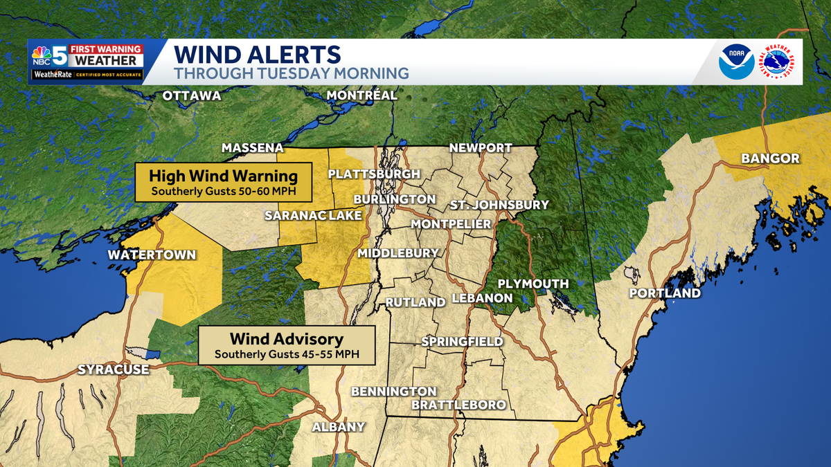 Locally strong winds, heavy rain, then a burst of snow in Vermont, New York Monday