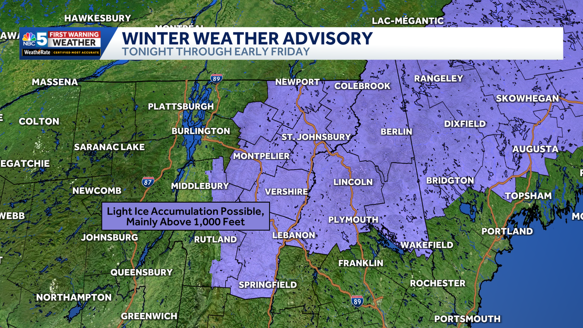 Light freezing rain may create slick travel in parts of eastern Vermont Thursday night