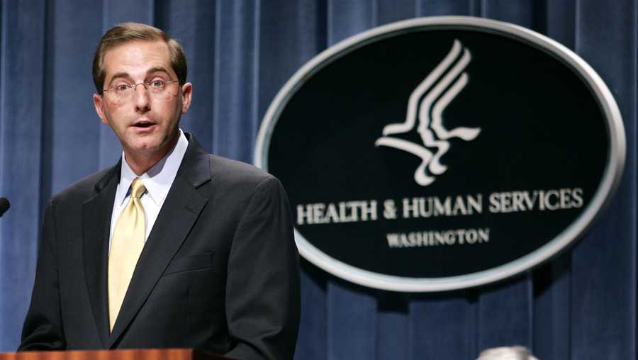Deputy Health and Human Services Secretary Alex Azar meets reporters at the HHS Department in Washington, Thursday, June 8, 2006.