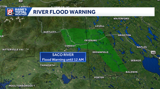 Flood Watch continues, with a flood warning for the Saco River