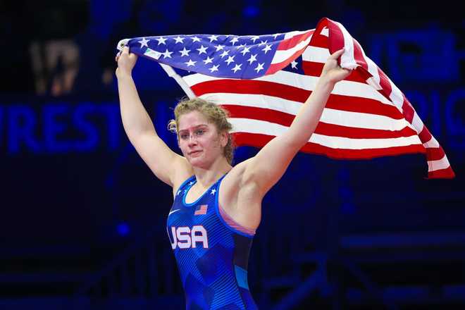 BELGRADE,&#x20;SERBIA&#x20;-&#x20;SEPTEMBER&#x20;21&#x3A;&#x20;Amit&#x20;Elor&#x20;of&#x20;the&#x20;United&#x20;States&#x20;&#x28;blue&#x29;&#x20;celebrates&#x20;winning&#x20;against&#x20;Davaanasan&#x20;Enkh&#x20;Amar&#x20;of&#x20;Mongolia&#x20;during&#x20;the&#x20;women&amp;apos&#x3B;s&#x20;wrestling&#x20;-&#x20;72kg&#x20;weight&#x20;bronze&#x20;medal&#x20;match&#x20;of&#x20;the&#x20;Wrestling&#x20;Senior&#x20;World&#x20;Championships&#x20;on&#x20;September&#x20;21,&#x20;2023&#x20;in&#x20;Belgrade,&#x20;Serbia.&#x20;&#x28;Photo&#x20;by&#x20;Kadir&#x20;Caliskan&#x20;-&#x20;United&#x20;World&#x20;Wrestling&#x2F;Getty&#x20;Images&#x29;