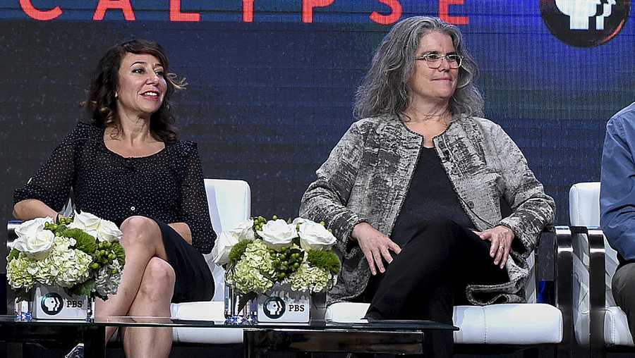 FILE - Host Janna Levin left, and Andrea Ghez in the "Black Hole Apocalypse" panel during the PBS Television Critics Association Summer Press Tour at the Beverly Hilton on Monday, July 31, 2017, in Beverly Hills, Calif. Ghez is one of three scientists awarded the Nobel Prize for Physics for discoveries related black holes.