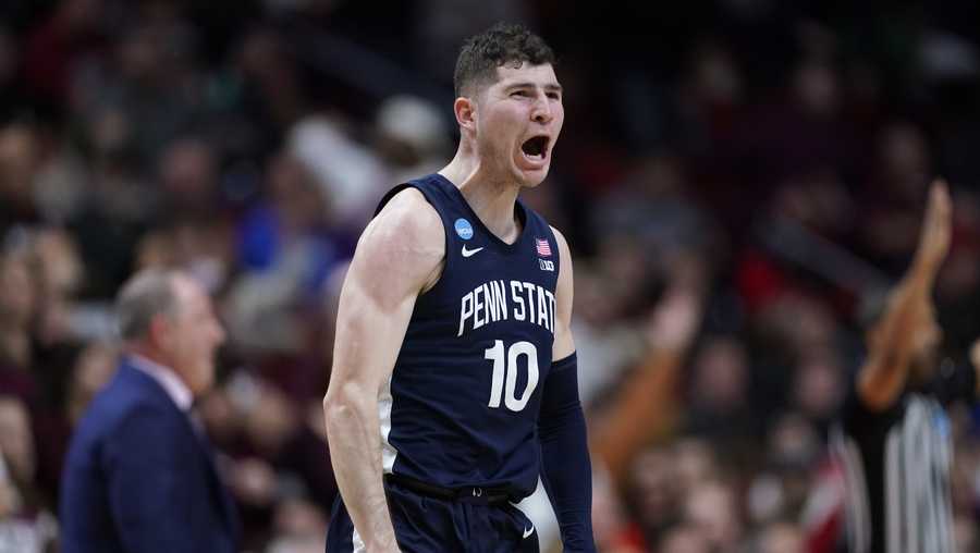 Penn State guard Andrew Funk celebrates after making a 3-point basket in the first half of a first-round college basketball game against Texas A&M in the NCAA Tournament, Thursday, March 16, 2023, in Des Moines, Iowa.