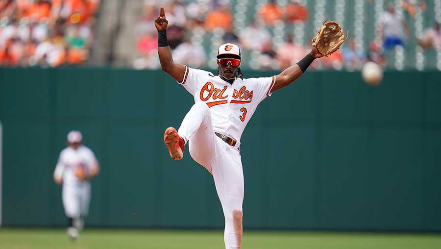 Baltimore Orioles shortstop Jorge Mateo reacts as he turns a game-ending double play on a ball hit by Los Angeles Angels' Monte Harrison during the ninth inning of a baseball game, Sunday, July 10, 2022, in Baltimore. The Orioles won 9-5 to sweep the series. (AP Photo/Julio Cortez)