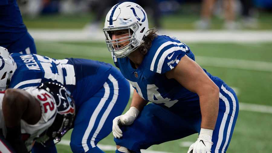 Indianapolis Colts tackle Anthony Castonzo (74) gets ready for the snap during an NFL football game against the Houston Texans on Sunday, Dec. 20, 2020, in Indianapolis. Castsonzo, the Colts longtime left tackle, announced his retirement Tuesday, Jan. 12, 2021. The 32-year-old had been an anchor on Indy's offensive line since he was the No. 22 overall draft pick in 2011. (AP Photo)