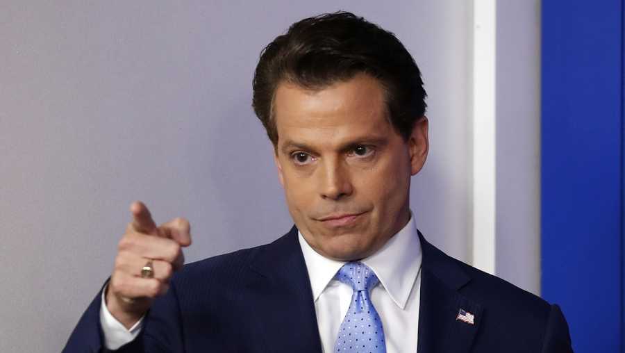 Anthony Scaramucci, then-White House communications director, points as he arrives during a press briefing at the White House, Friday, July 21, 2017, in Washington.