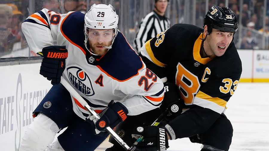 Boston Bruins' Zdeno Chara (33) defends against Edmonton Oilers' Leon Draisaitl (29) during the second period on an NHL hockey game in Boston, Saturday, Jan. 4, 2020. (AP Photo/Michael Dwyer)