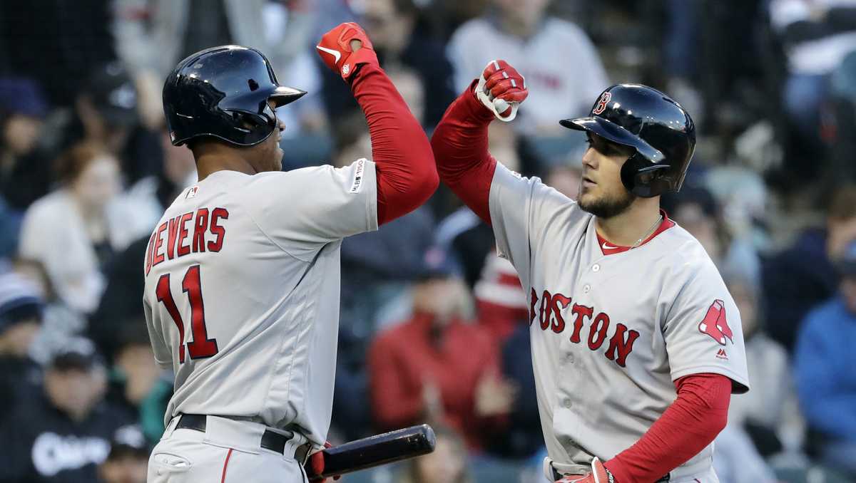 Boston Red Sox third baseman Rafael Devers celebrates his solo HR