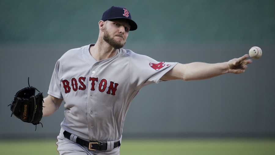Boston Red Sox starting pitcher Chris Sale throws during the first inning of the team's baseball game against the Kansas City Royals on Wednesday, June 5, 2019, in Kansas City, Mo. (AP Photo/Charlie Riedel)