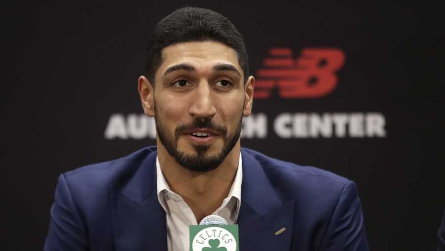 Newly acquired Boston Celtics center Enes Kanter speaks during a news conference at the Celtics' basketball practice facility, Wednesday, July 17, 2019, in Boston. (AP Photo/Elise Amendola)