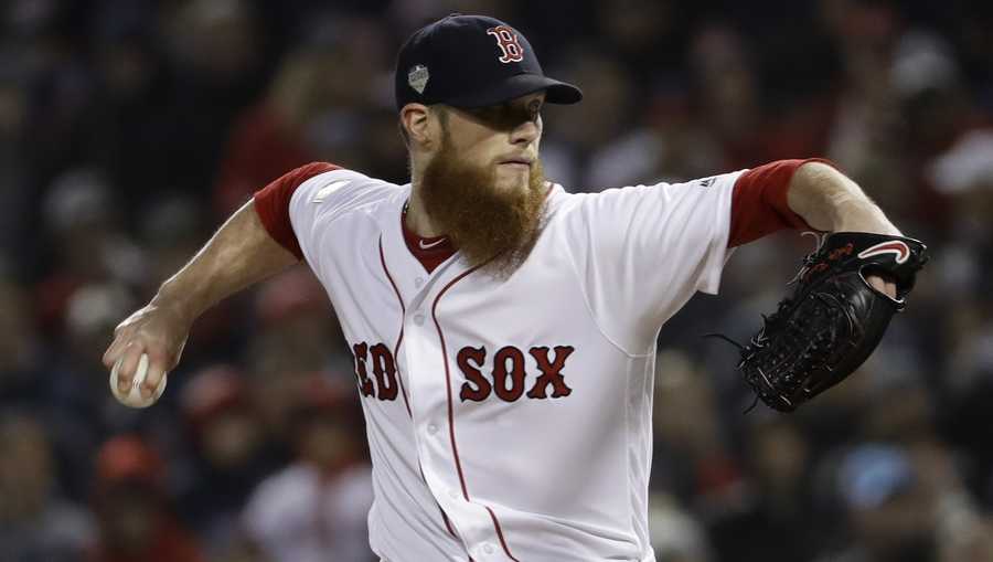 Boston Red Sox's Craig Kimbrel throws during the ninth inning of Game 1 of the World Series baseball game against the Los Angeles Dodgers Tuesday, Oct. 23, 2018, in Boston. (AP Photo/Matt Slocum)