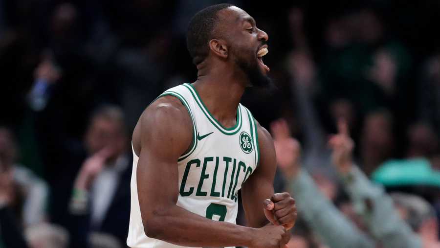Boston Celtics guard Kemba Walker reacts after hitting a 3-pointer late in the second half of an NBA basketball game against the Dallas Mavericks in Boston, Monday, Nov. 11, 2019. The Celtics defeated the Mavericks 116-106. (AP Photo/Charles Krupa)