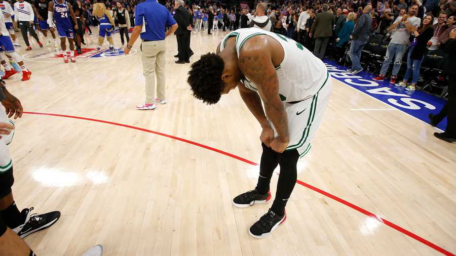 Boston Celtics guard Marcus Smart reacts after missing a shot at the buzzer in his team's loss to the Sacramento Kings in an NBA basketball game in Sacramento, Calif., Sunday, Nov. 17, 2019. (AP Photo/Rich Pedroncelli)
