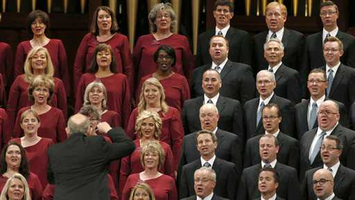 The Mormon Tabernacle Choir of The Church of Jesus Christ of Latter-day Saints sing in the Conference Center at the morning session of the two-day Mormon church conference Saturday, Oct. 1, 2016, in Salt Lake City. 