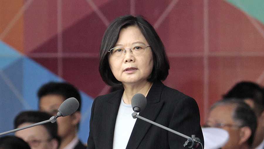 Taiwan's President Tsai Ing-wen delivers a speech during National Day celebrations in front of the Presidential Building in Taipei, Taiwan, Monday, Oct. 10, 2016.
