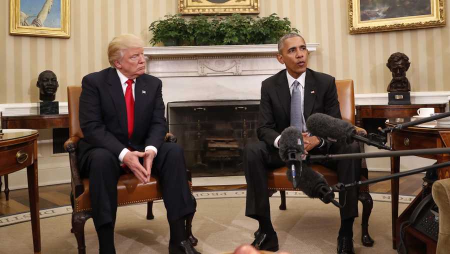 In this photo taken Nov. 10, 2016, President Barack Obama meets with President-elect Donald Trump in the Oval Office of the White House in Washington. 