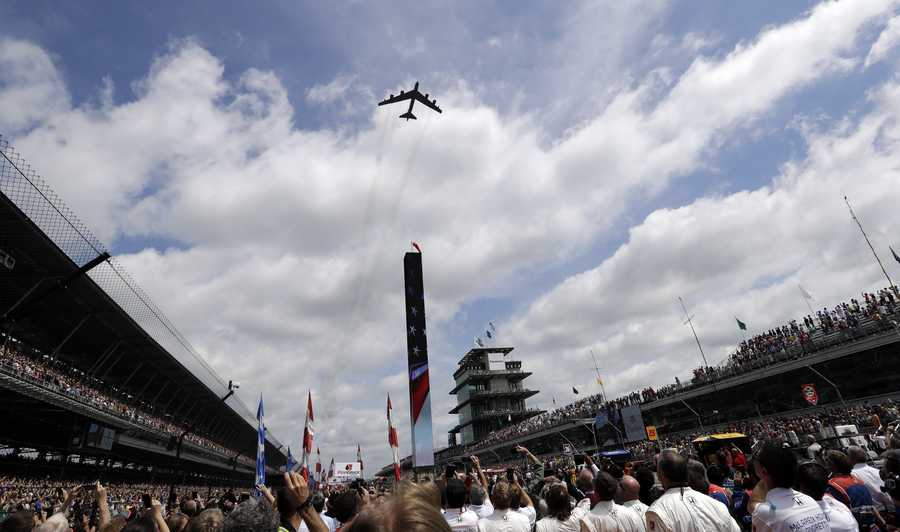 A U.S. Air Force B-52 Stratofortress Bomber with 69th Bomb Squadron performs a flyover during the National Anthem before the start of Indianapolis 500 auto race at Indianapolis Motor Speedway, Sunday, May 28, 2017 in Indianapolis. (AP Photo/Sam Riche) A U.S. Air Force B-52 Stratofortress Bomber with 69th Bomb Squadron performs a flyover during the National Anthem before the start of Indianapolis 500 auto race at Indianapolis Motor Speedway, Sunday, May 28, 2017 in Indianapolis. (AP Photo/Sam Riche)
