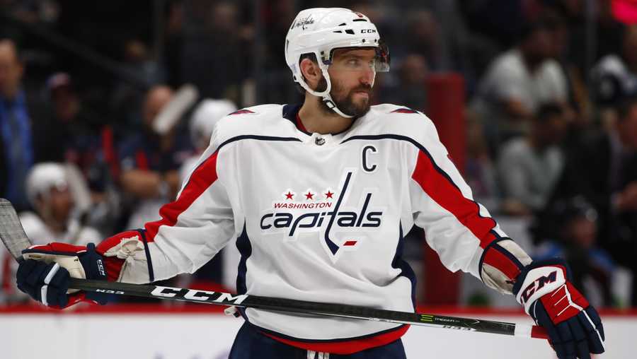 Washington Capitals left wing Alex Ovechkin (8) in the second period of an NHL hockey game Thursday, Nov. 16, 2017, in Denver. 