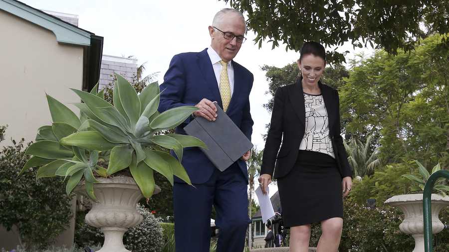 New Zealand's Prime Minister Jacinda Ardern, right, and Australian Prime Minister Malcolm Turnbull arrive to hold a joint press conference in Sydney, Friday, March 2, 2018. 