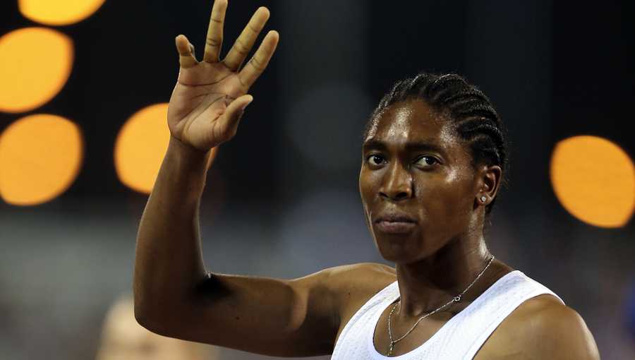 South Africa's Caster Semenya celebrates after she won the woman's 1500 meter during the Qatar Diamond League in Doha, Qatar, Friday, May 4, 2018.