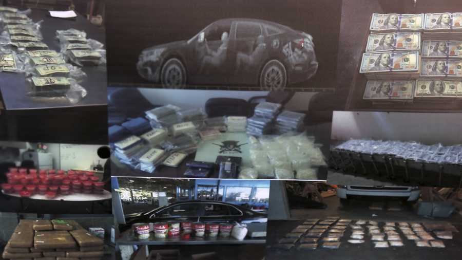 This combination image of evidence photos released Wednesday, Aug. 8, 2018, by the United States Attorney's Office shows part of narcotics and other seized materials in a federal investigation into three drug-trafficking organizations that authorities say were working on behalf of the Sinaloa Cartel, at a news conference in Los Angeles. Nearly two dozen people were arrested Wednesday and charged with using small aircraft to smuggle heroin, cocaine and methamphetamine over the U.S. border at the behest of one of Mexico's most notorious drug cartels, authorities said. 