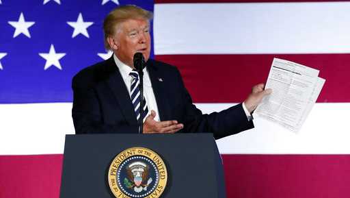 In this Aug. 31, 2018, photo, President Donald Trump holds up a list of his administrations accomplishments while speaking at a Republican fundraiser at the Carmel Country Club in in Charlotte, N.C. President Donald Trump is starting his Labor Day with an attack on a top union leader. Trump tweeted Monday that AFL-CIO President Richard Trumka “represented his union poorly on television this weekend.” He added: “it is easy to see why unions are doing so poorly. A Dem!” Trumka appeared on “Fox News Sunday,” where he said efforts to overhaul the North American Free Trade Agreement should include Canada.