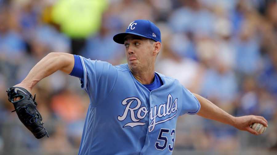 Kansas City Royals starting pitcher Eric Skoglund throws during the second inning of a baseball game against the Cleveland Indians Sunday, Sept. 30, 2018, in Kansas City, Mo. (AP Photo/Charlie Riedel)