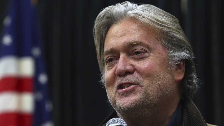 Former senior White House adviser Steve Bannon speaks during the Red Tide Rising Rally supporting Republican candidates, Wednesday, Oct. 24, 2018, in Elma, N.Y. (AP Photo/Jeffrey T. Barnes)