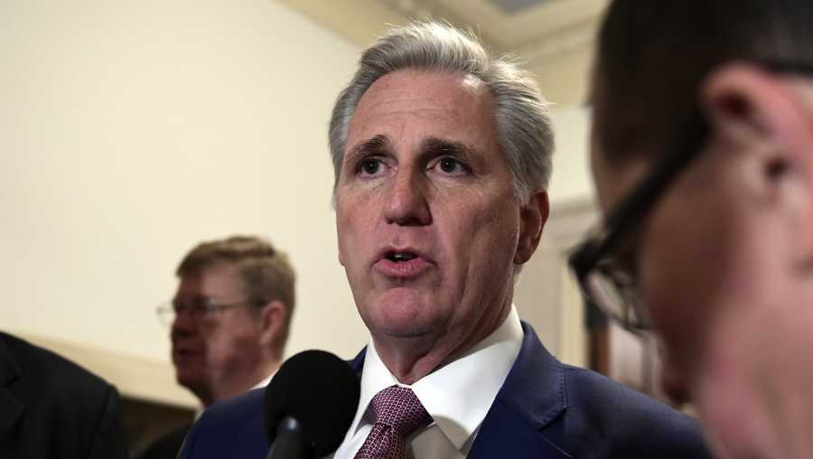 House Majority Leader Kevin McCarthy of Calif., speaks to reporters as he arrives for a meeting on Capitol Hill in Washington, Wednesday, Nov. 14, 2018, for the House Republican leadership elections. (AP Photo/Susan Walsh)
