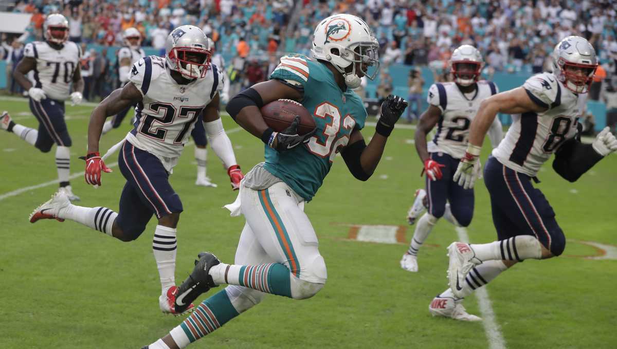 New England Patriots wide receiver Julian Edelman (11) catches a touchdown  pass, during the first half of an NFL football game against the Miami  Dolphins, Sunday, Dec. 9, 2018, in Miami Gardens